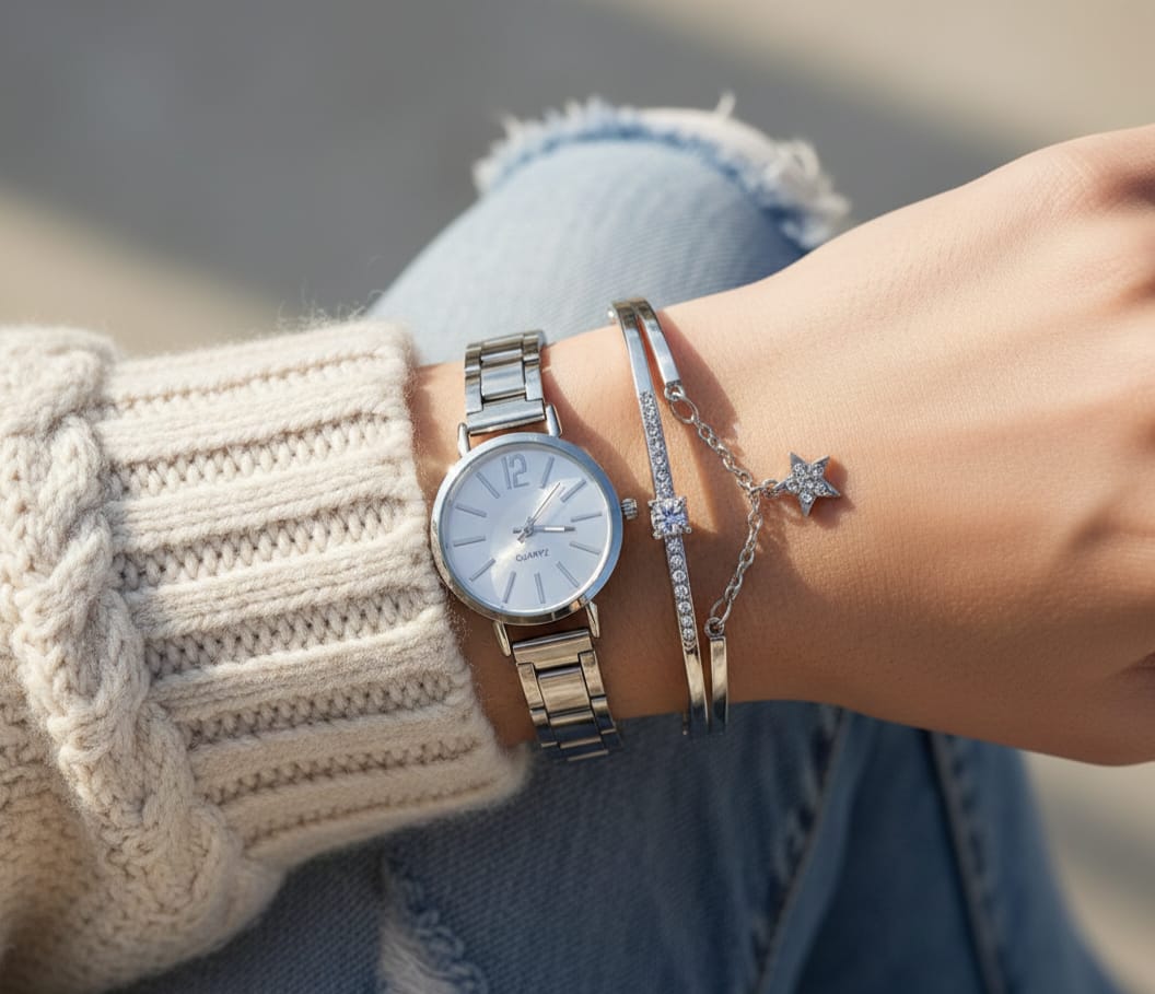 The Aurora Silver Set (Wristwatch and Bracelet)